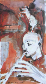 La Flûte (2007) : Acrylique sur Papier   65 x 35 cm.