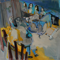 L'homme aux Cheveux Longs Joue avec son Veaun (2013) : Acrylique sur Toile   100 x 100 cm.