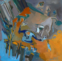 L'homme aux Cheveux Longs Joue avec son Veaun (2013) : Acrylique sur Toile   100 x 100 cm.